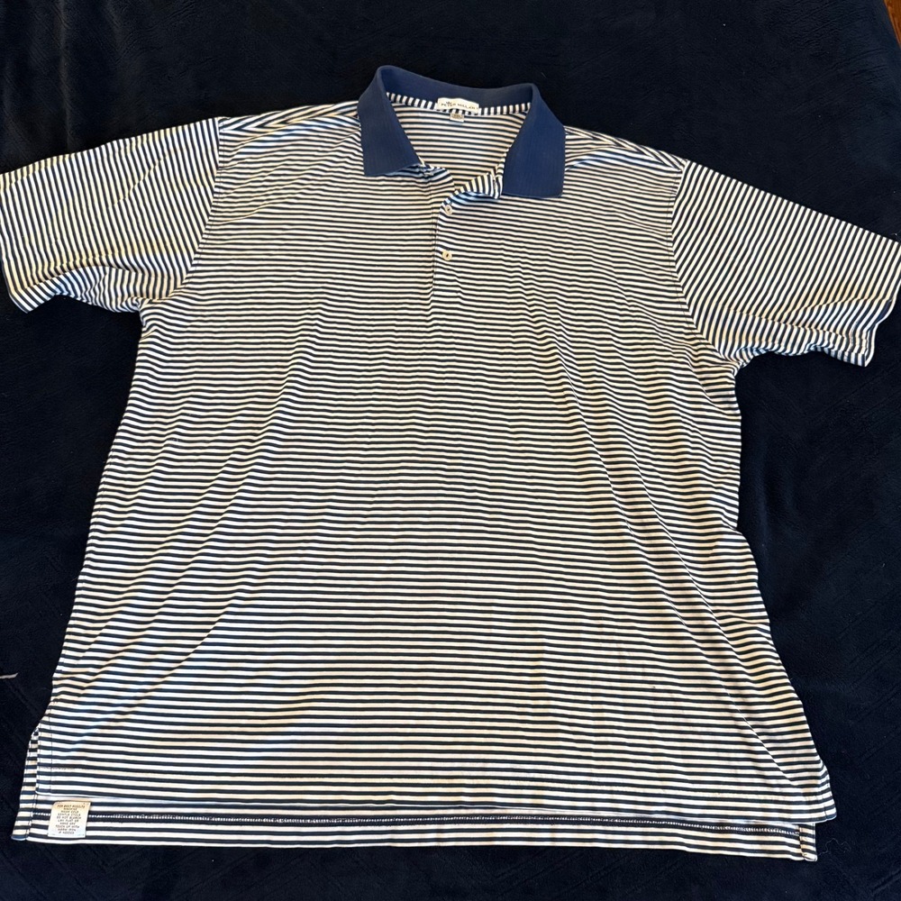 Peter Millar‎ Mens XXL Polo Shirt Navy Blue White Striped Short Sleeve Cotton